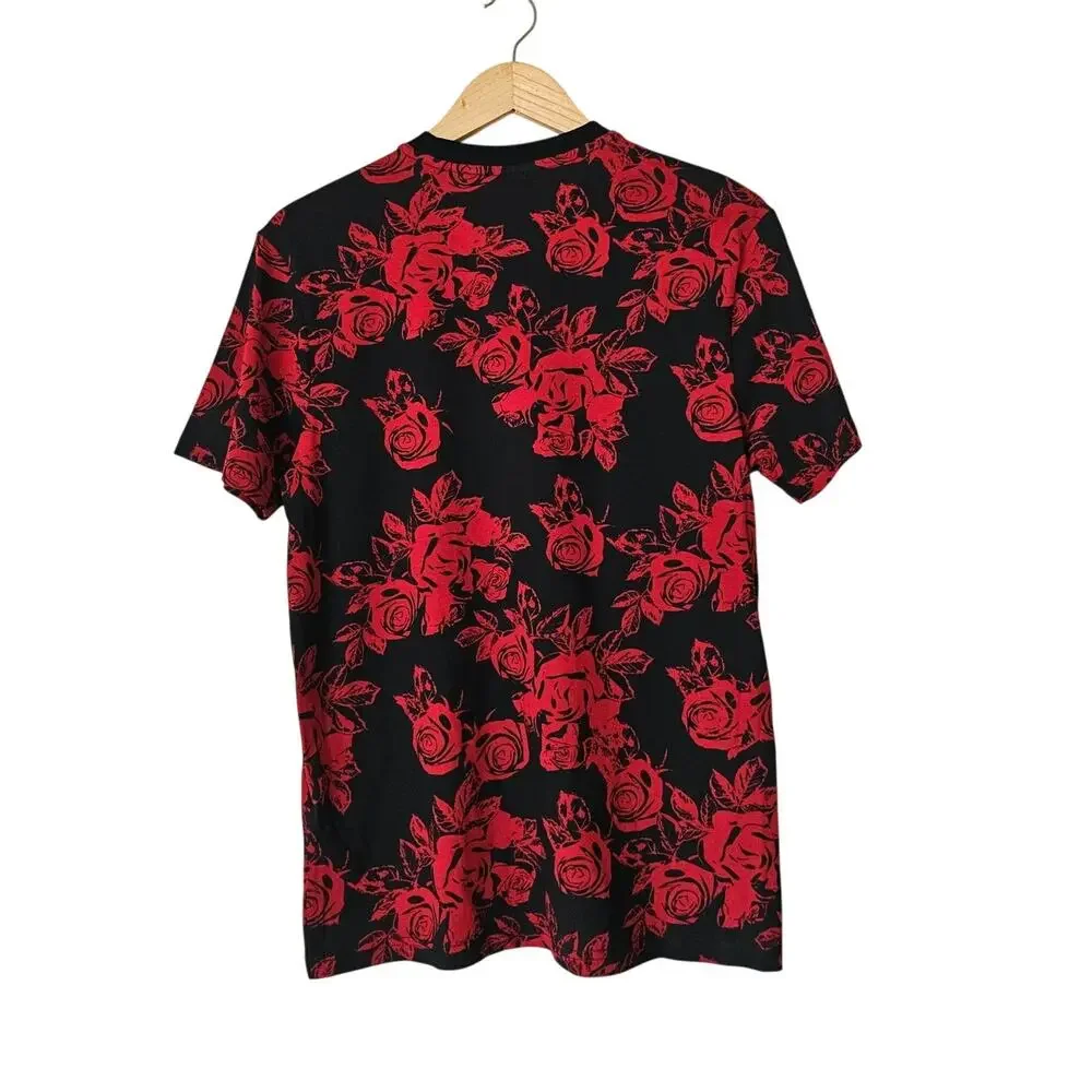 GUESS Men's Black Red Rose Print Graphic Tee Size S Y2K Streetwear Grunge Cotton - Picture 2 of 10